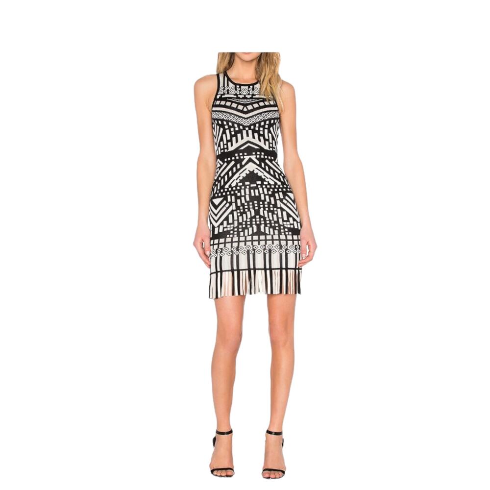 Parker Lunn Black Cream Geometric Fringe Mini‎ Dress XS